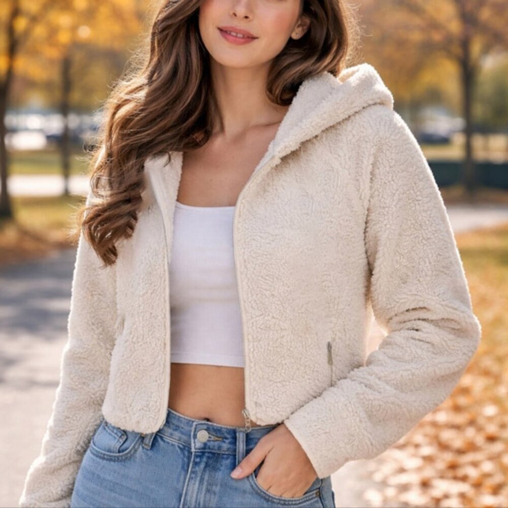 Obermeyer‎ Cream Sherpa Crop Hoodie Jacket Size Medium